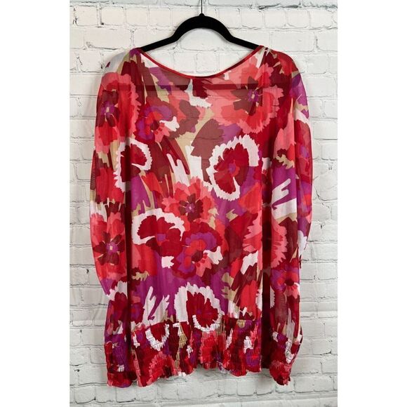 LANE BRYANT floral white pink red semi-sheer blouse top 30/32 - Picture 5 of 6